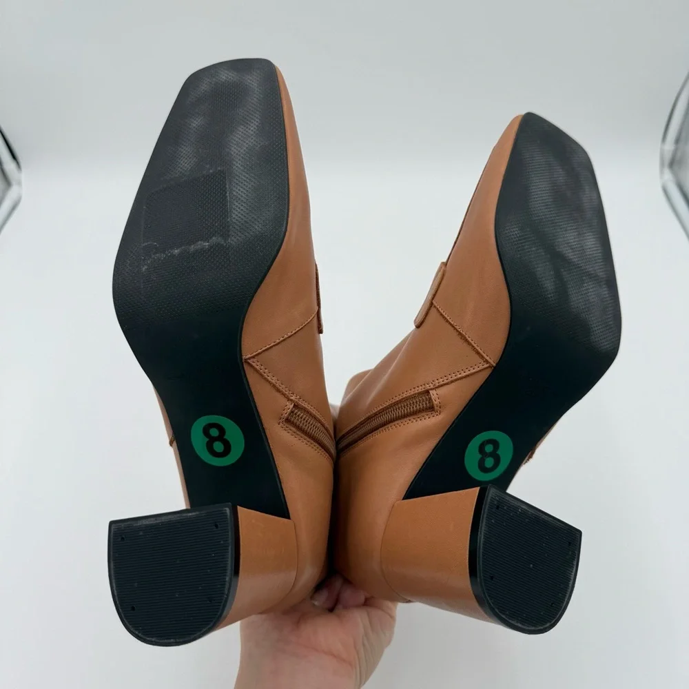Angel‎ Alarcon Square Toe Chunky Block Heeled Ankle Boots Booties Camel 8 NWOT
